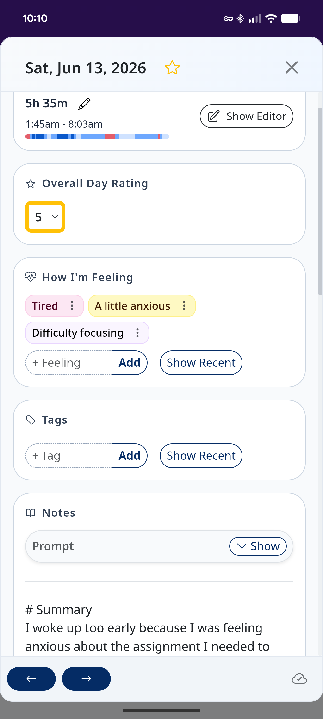 Sleep annotations interface
